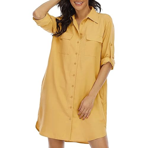 LUSMAY Women's Long Sleeve V Neck Button Down Shirt Dresses Casual Summer Dress with Pocket