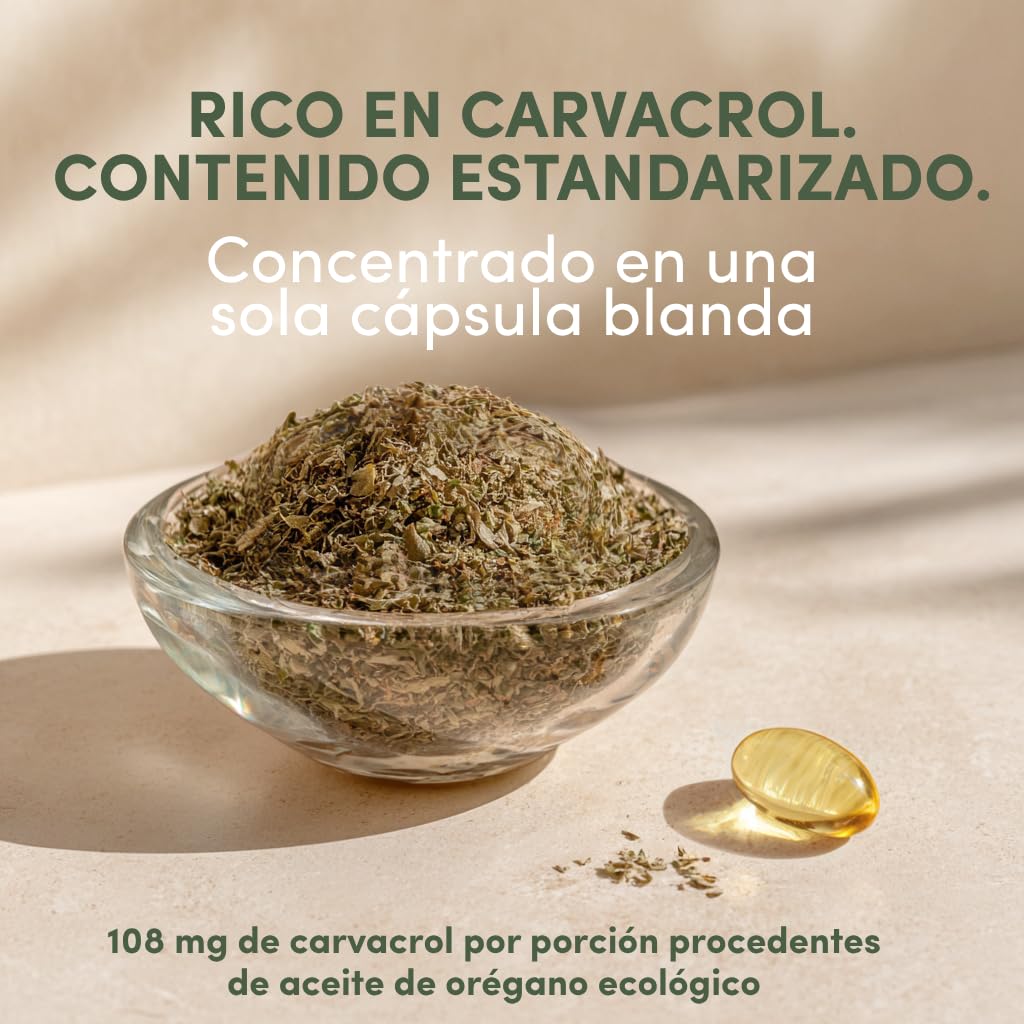 Aceite de Orégano Puro con 86-90% de Carvacrol - Potente Suplemento Digestivo y Antioxidante Natural a Base de Plantas, Vegano, con 108mg de Carvacrol por Perla - 60 Cápsulas Blandas