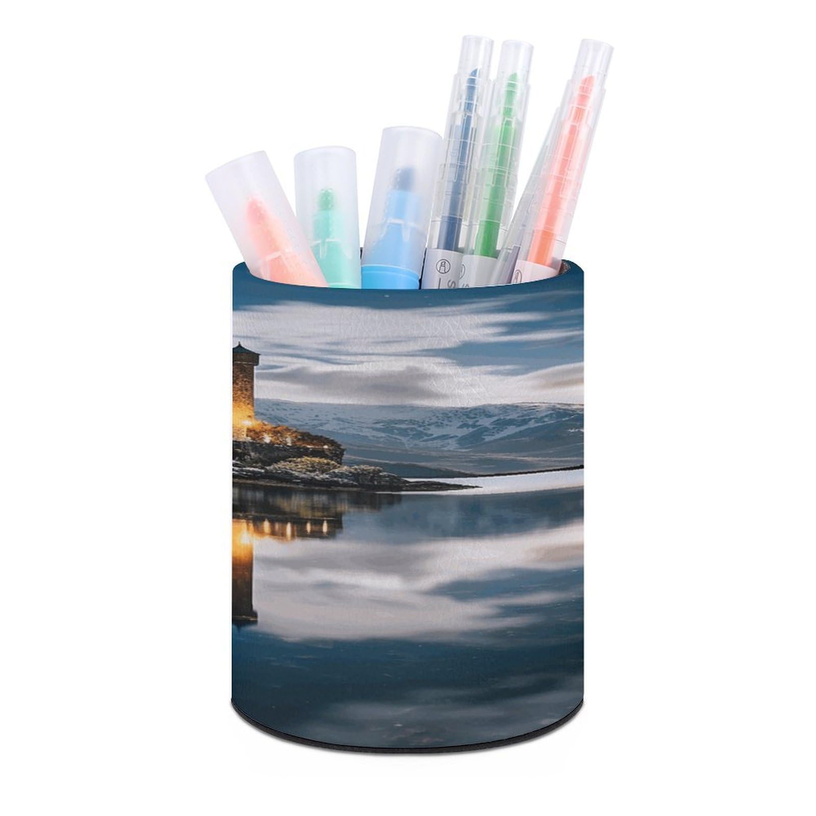 VstaDank A Castle by The Lake Round Pencil Holder PU Leather Desk Organizer Scissor Holder Office Decor Desk for Home (3.1" x 3.9")