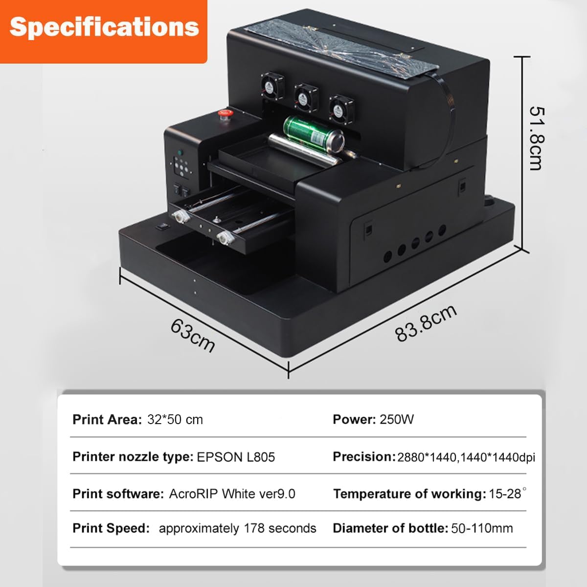 Stampante UV A3 UV Led Flatbed Stampante Multifunzione UV Printer Getto D'inchiostro Portatile USB 1440 x 1440 dpi 220V Con Rotazione per Bottiglie/Carta/Custodia del telefono/Plastica/PVC/Legno/UVDTF