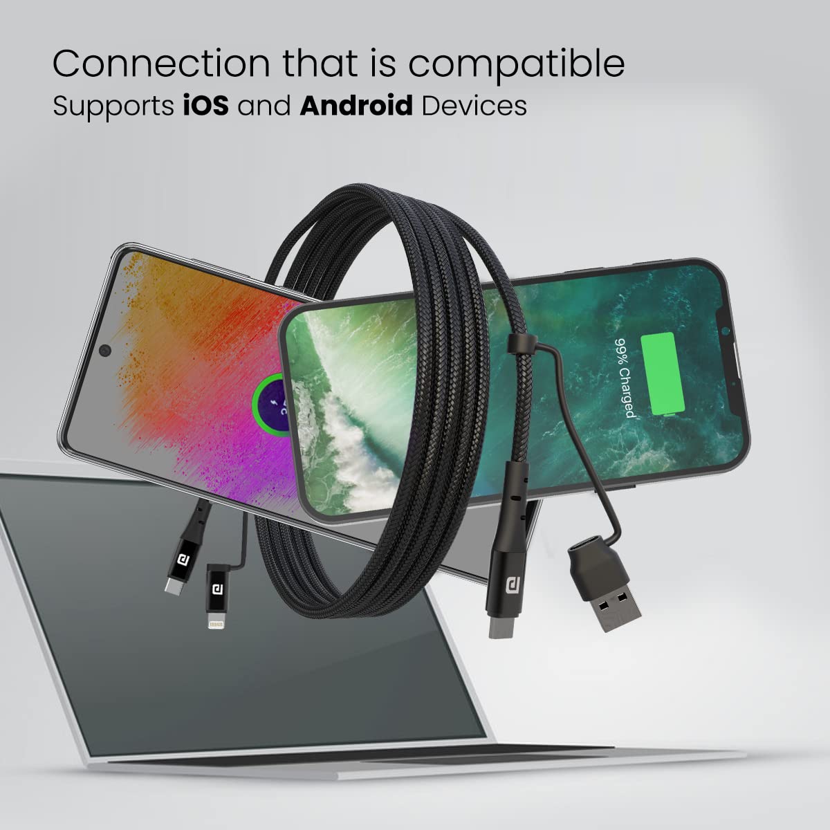 Portronics Konnect J8 3-in-1 (USB A + tipo C a 8 pin + tipo C) cavo di ricarica rapida con uscita massima 60 W, nylon intrecciato, per smartphone Android, dispositivi iOS e USB di tipo C, lunghezza