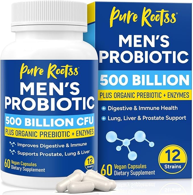 Probiotics for Men, 500 Billion CFUs & 12 Strains, Prebiotic & Probiotic, Cranberry, Saw Palmetto, Digestive Enzymes, Gut & Bloating, Lung Liver Prostate Support, 30-Day Supply