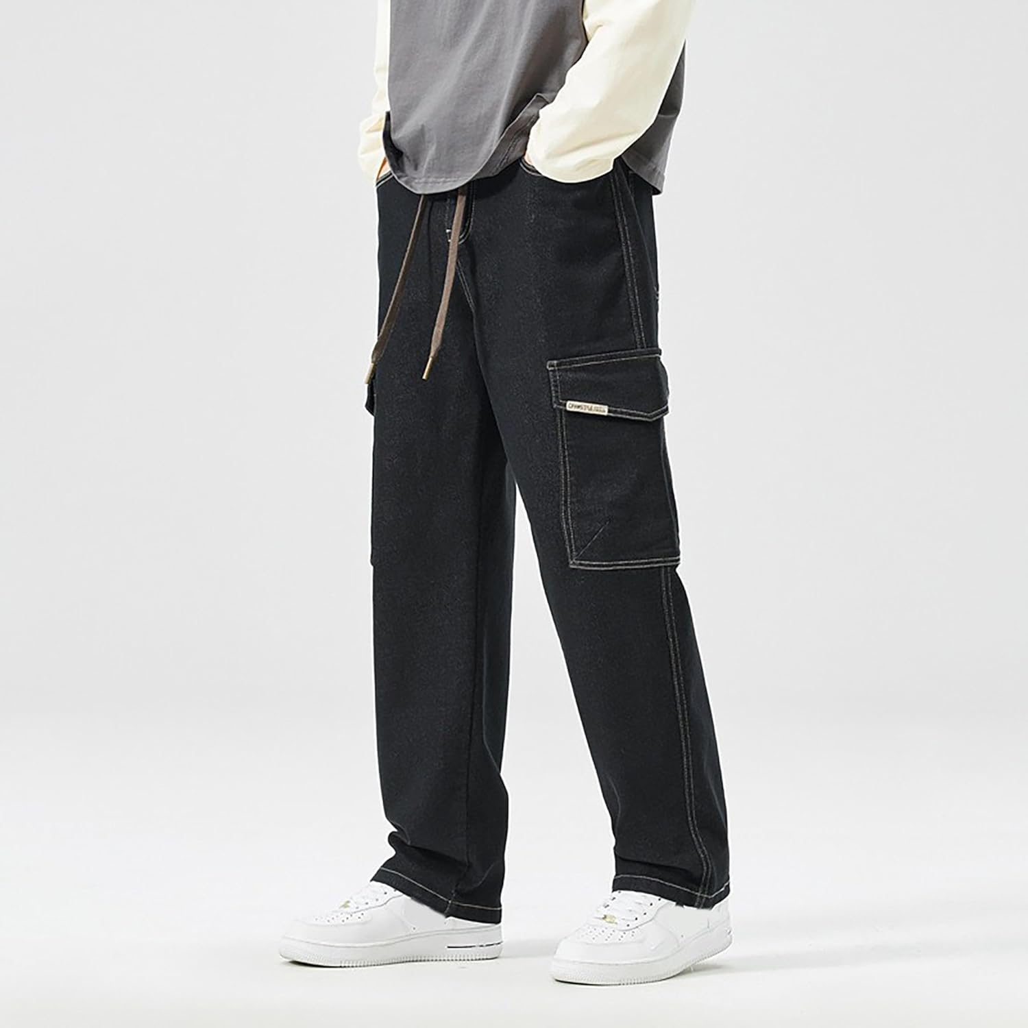 Men's Japanese Street Vintage Jeans Baggy Drawstring Cargo Pants Elastic Waist Pants Pants for Men Fashion(Black,L) - Image 3