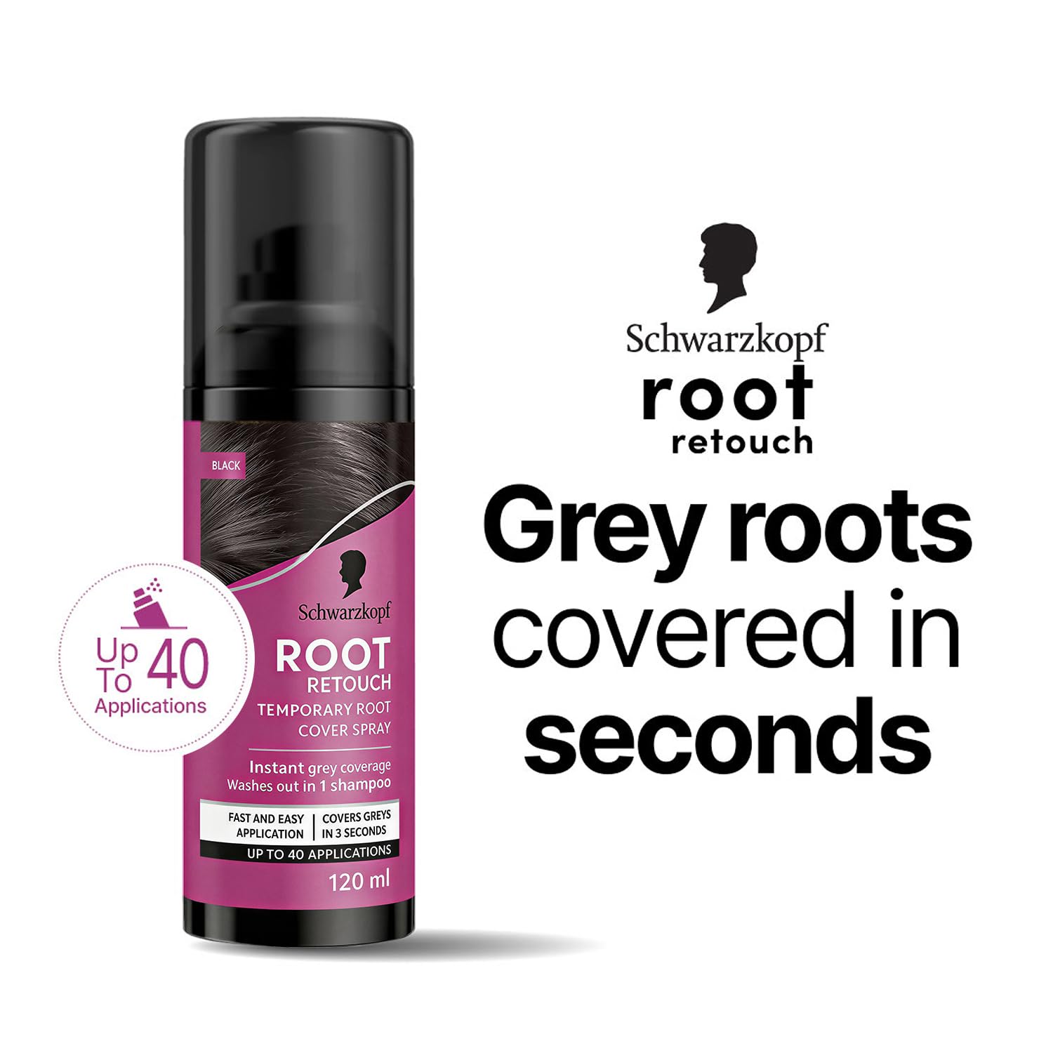 Schwarzkopf Root Retouch Instant Grey Hair Concealer Spray Sweat And Rain Resistant, Matte Finish Perfect Coverage | Upto 40 Fast and Easy Applications | Unisex| For All Hair Types, Black, 120ML 1