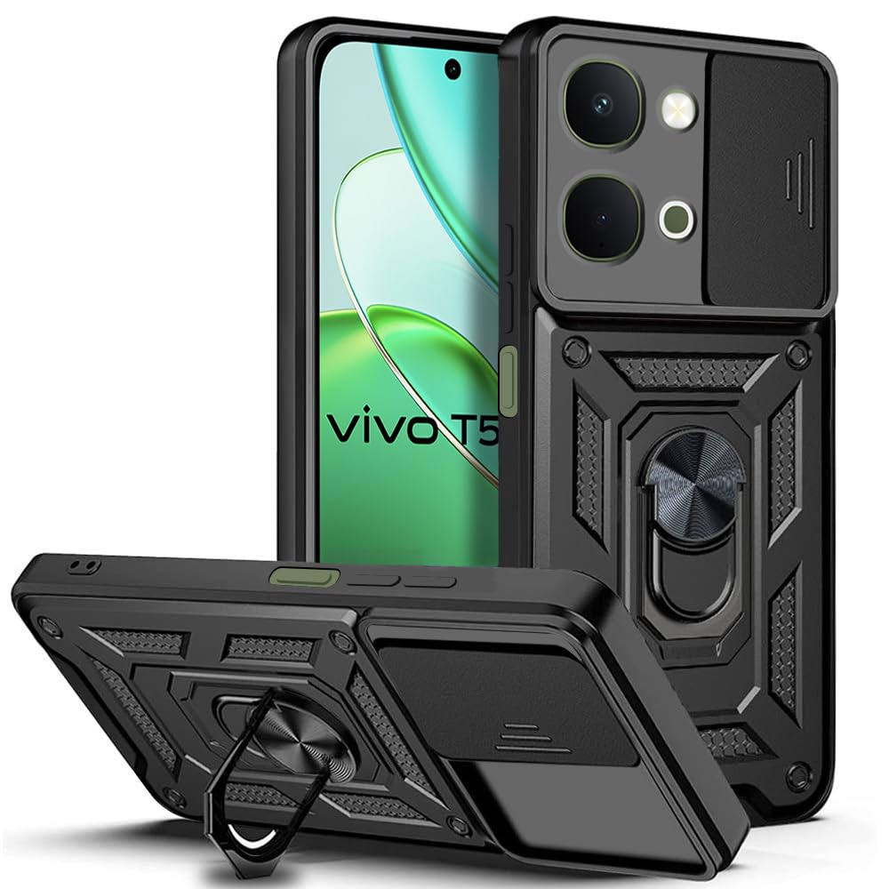AESTMO Tough Armor iQOO Z11X / Vivo T5X / Vivo Y51 Pro 5G Bumper Back Case Cover | Ring Holder & Sliding Camera Shield Cover | 360 Degree Protection Back Case Cover (Black)