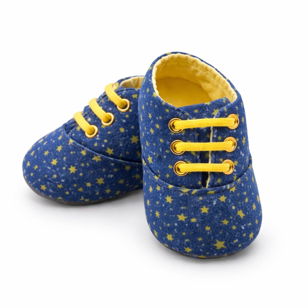 Baby Shoes, Blue with Yellow Stars Pattern, Soft Sole Lace-Up Sneakers, Infant Footwear