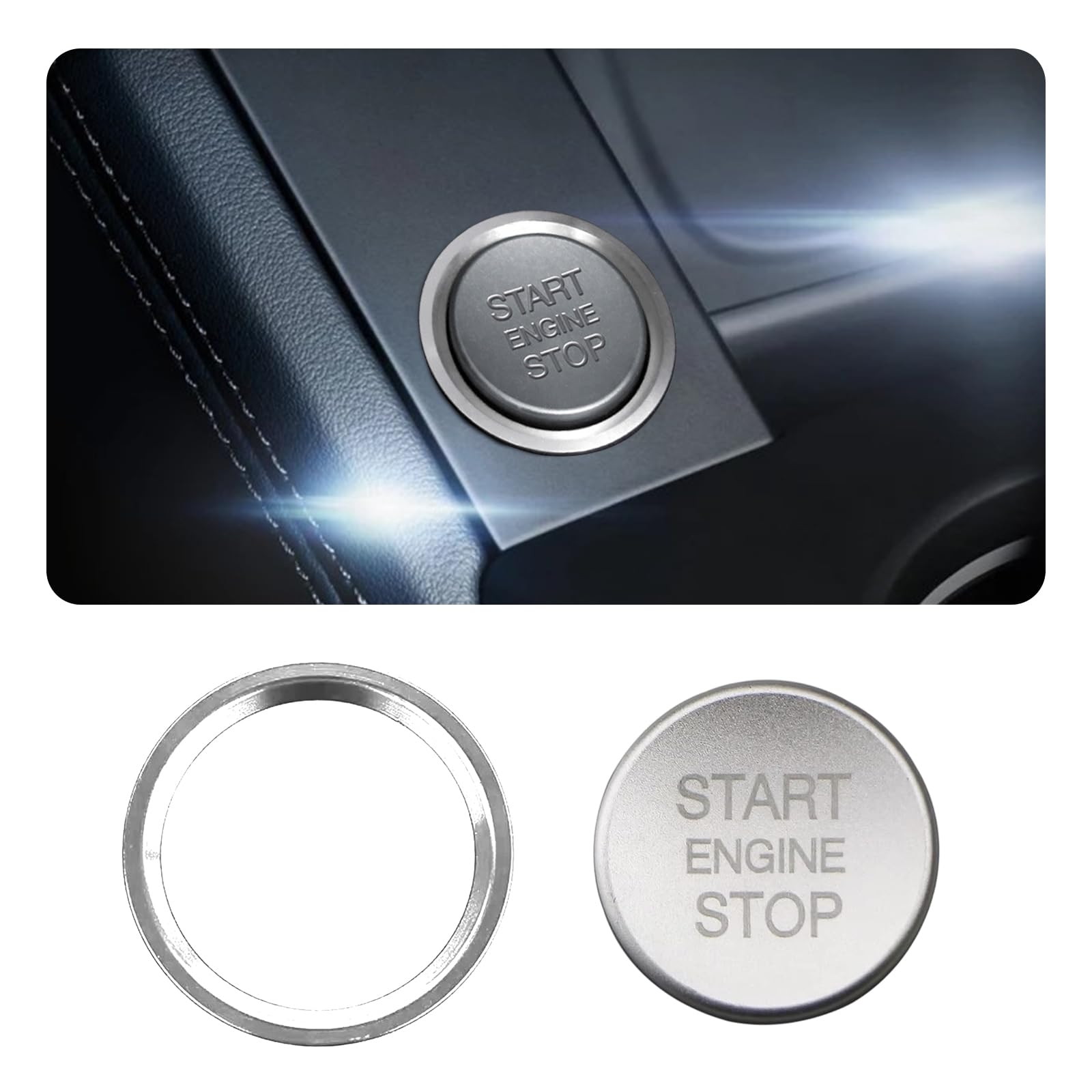 Car Push Start Button Cover - Aluminum Engine Start Stop Button Decoration with Ring, Ignition Button Cover Car Decorations, Car Accessories Interior (Silver)