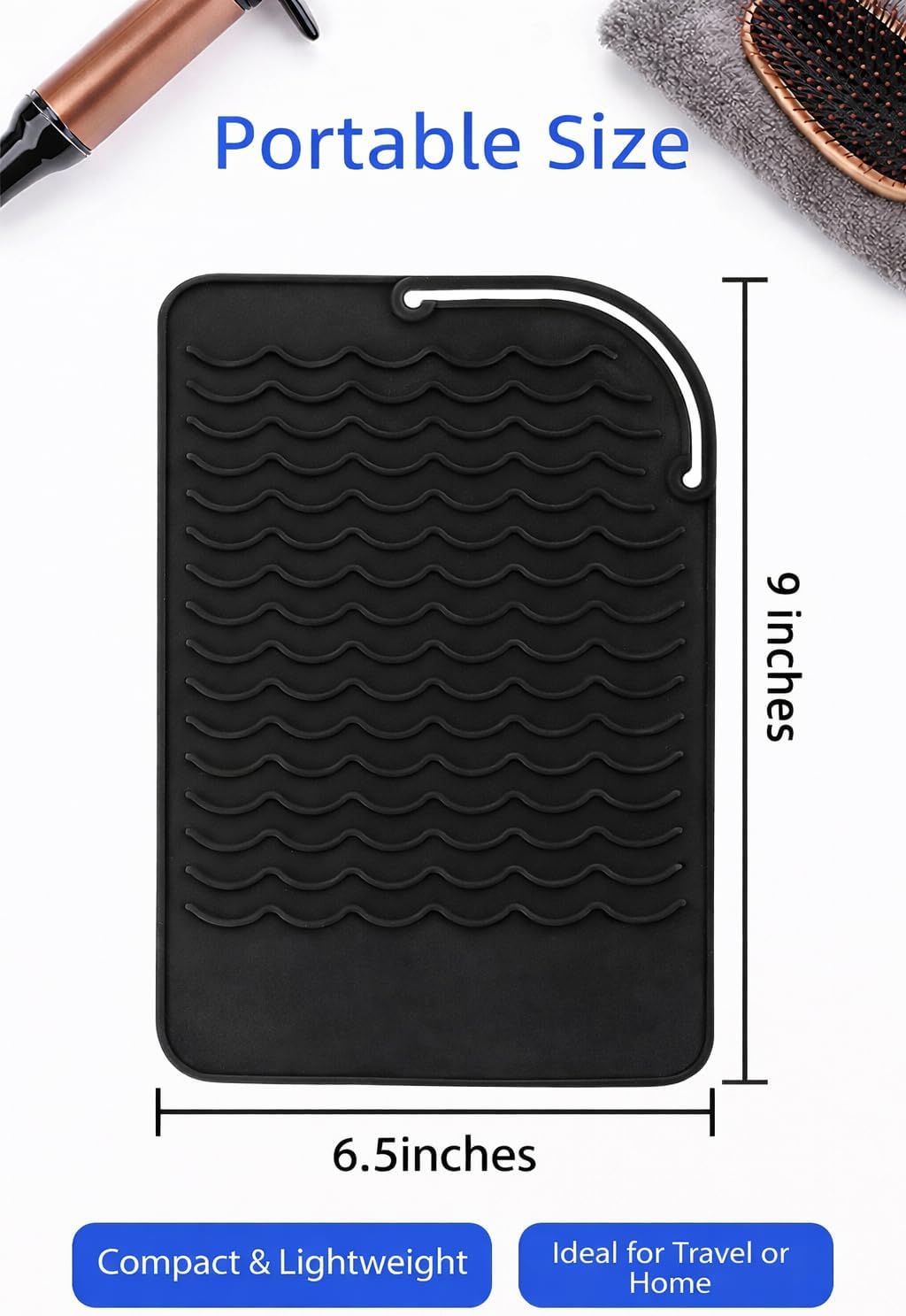 Heat Resistant Silicone Mat for Curling Iron, Flat Iron & Hair Straightener, Food Grade Non-Slip Hot Tool Pad, Black, 9 x 6.5 Inc