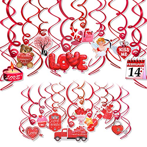 HOWAF Valentines Day Decorations Hanging Swirls,30 PCS Conversation Heart Bear Cupid Flower Valentines Day Swirls Ceiling Decorations Hanging Decor - Valentine's Day Party Decorations Supplies