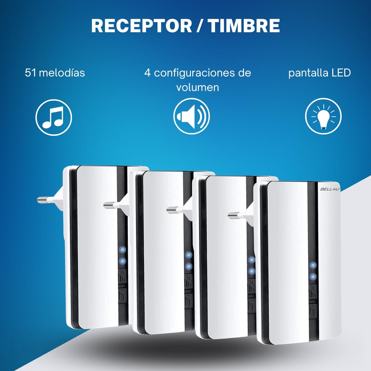 Timbre Inalámbrico 4 Receptor IP65 Impermeable 100m Timbre Inalámbrico Exterior, 4 Niveles de Volumen (0-110dB) y 51 Melodías para Hogar. No Necesita Batería | No requiere pilas, alcance de 200 m, IP55, 51 melodías, 4 volúmenes, indicador LED, fácil de mo