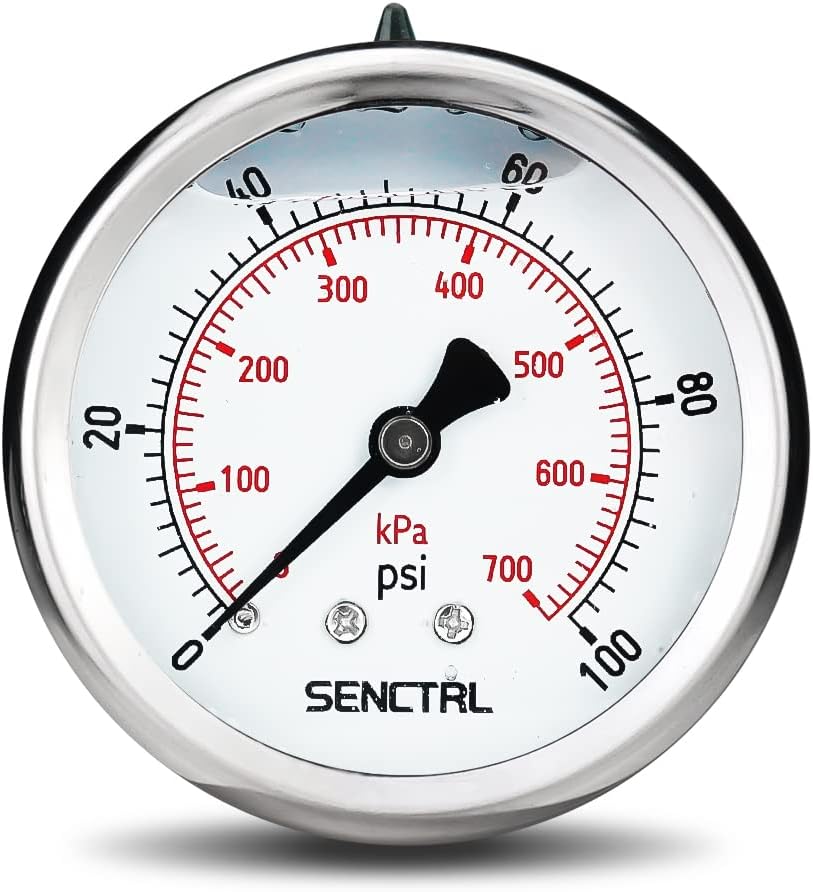 SENCTRL 0-100 Psi Glycerin Liquid Filled Low Pressure Gauge, 2.5" Dial Size, 1/4" NPT Back Mount, Stainless Steel Case, for Water Pump, Pneumatic Air, Well, RV Hose Tank, Pressure Test