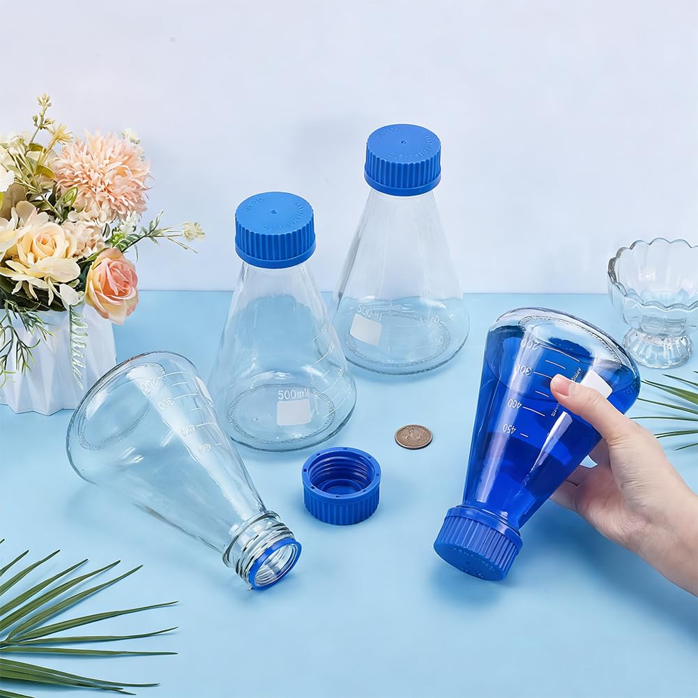 OLYCRAFT 4 Pcs Erlenmeyer Flask Set with Blue Cap 500ml Glass Laboratory Erlenmeyer Flask with Printed Graduation Glass Conical Flasks Conical Bottles with Blue Cap for Laboratory Experiment