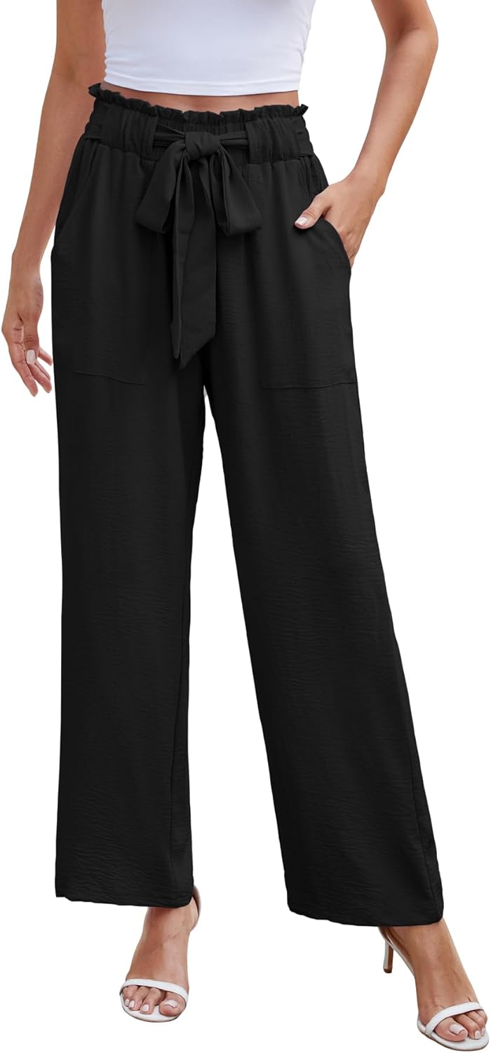 NILOUFO Women Summer Casual Wide Leg Pants High Waisted Elastic Tie Knot Boho Beach Trousers with Pockets