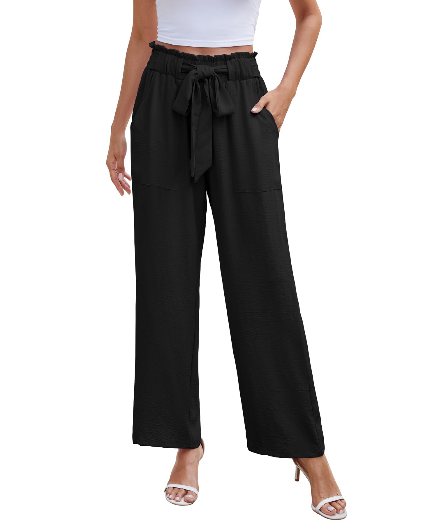 NILOUFO Women Summer Casual Wide Leg Pants High Waisted Elastic Tie Knot Boho Beach Trousers with Pockets