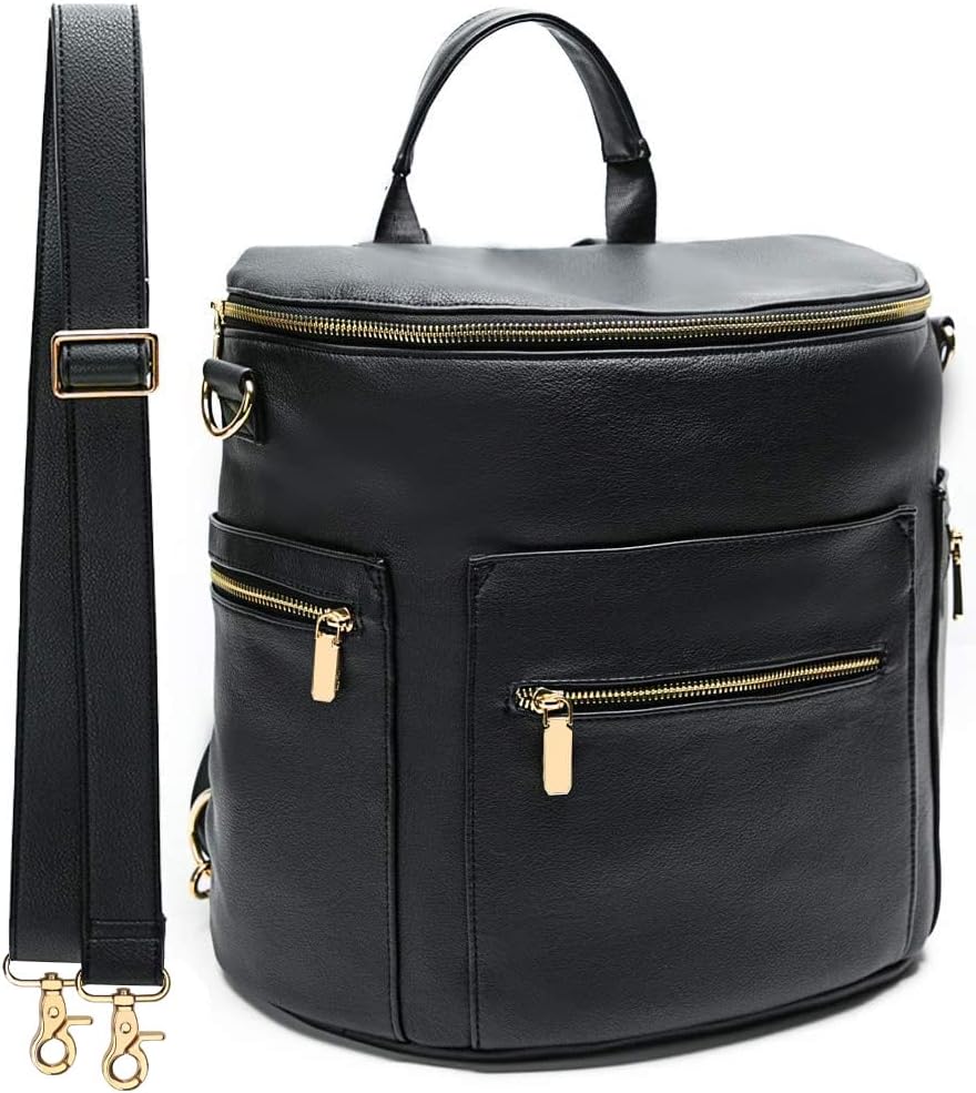 miss fongDiaper Bag Backpack Baby Diaper Bag, Large Leather Diaper Bag Backpack with 16 Pockets Diaper Bag Organizer, Changing Pad, Stroller Straps and 2 Insulated Pockets (Regular, Dark)