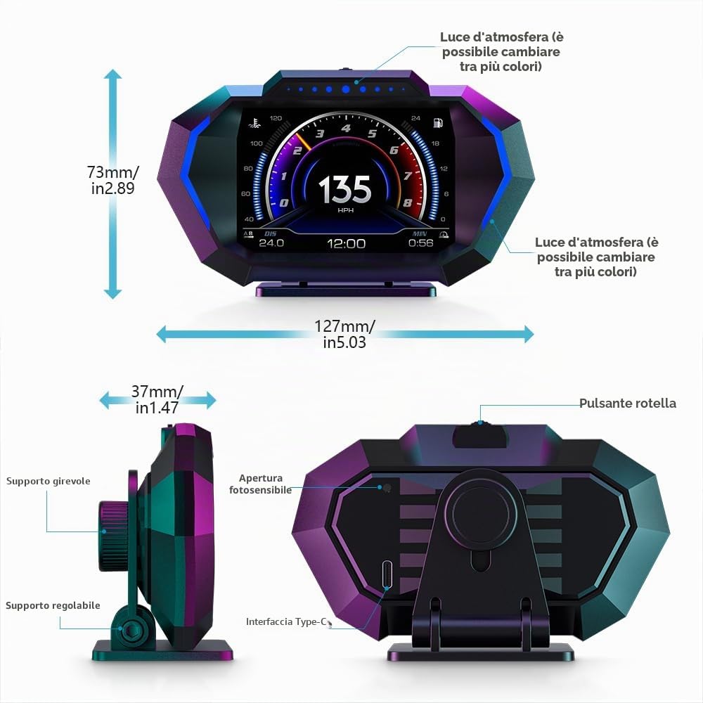 Display Head-Up universale (HUD) per auto, OBD2 e GPS, doppia modalità con inclinometro, avviso di velocità e allarme affaticamento, multilingue, commutabile km/h/mph