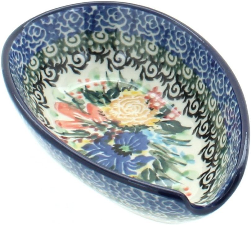 Blue Rose Polish Pottery - Blue Summer Blooms Small Spoon Rest - 5" x 3.75" - Heat-Resistant Decorative Spoon Holder for Cooking