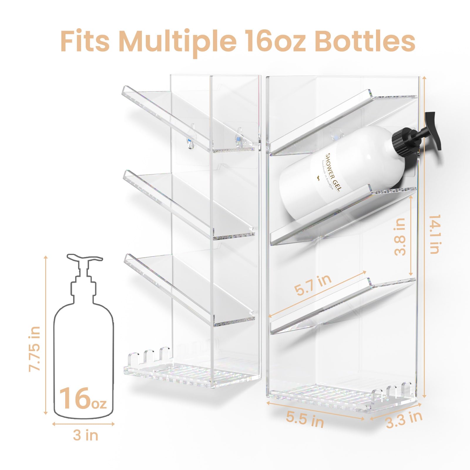 Organizador de baño acrílico, soporte para champú transparente montado en la pared, organizador de ducha con ventosa, sin perforaciones y a prueba de óxido, resistente y duradero, estante 6