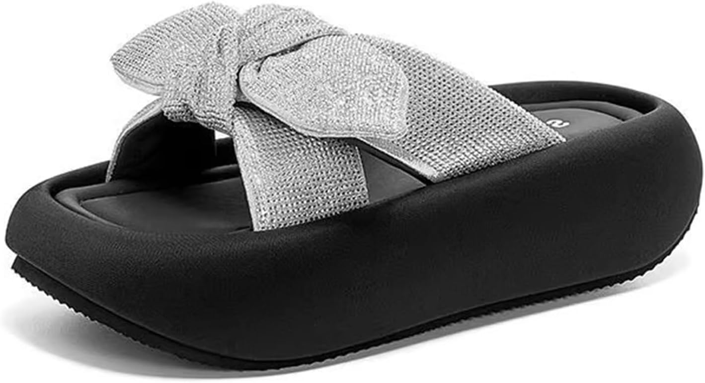 Womens Pillow Rhinestone Bow Thick Sole Slides Comfortable Lightweight Slip On Platform Round Open Toe Cloud Slide Sandals For Daily Indoor&Outdoor Casual