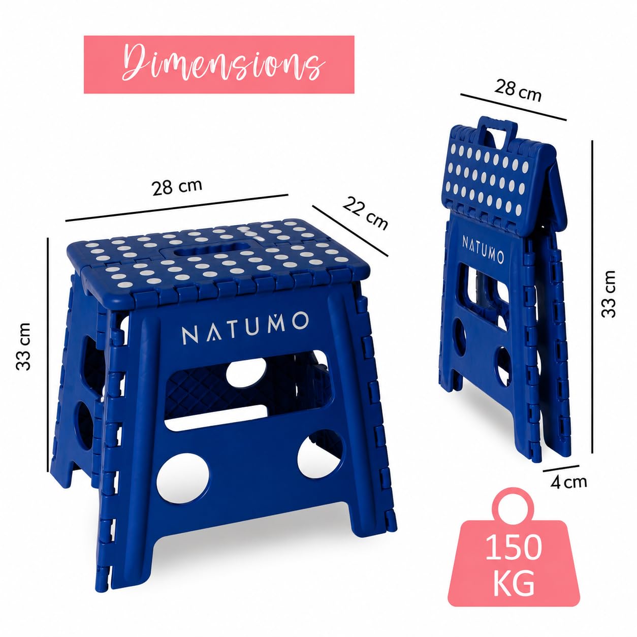 NATUMO® Sgabello pieghevole XL per bambini e adulti, sgabello pieghevole, leggero e antiscivolo, per campeggio, bagno, cucina e giardino, 33 cm (blu reale)