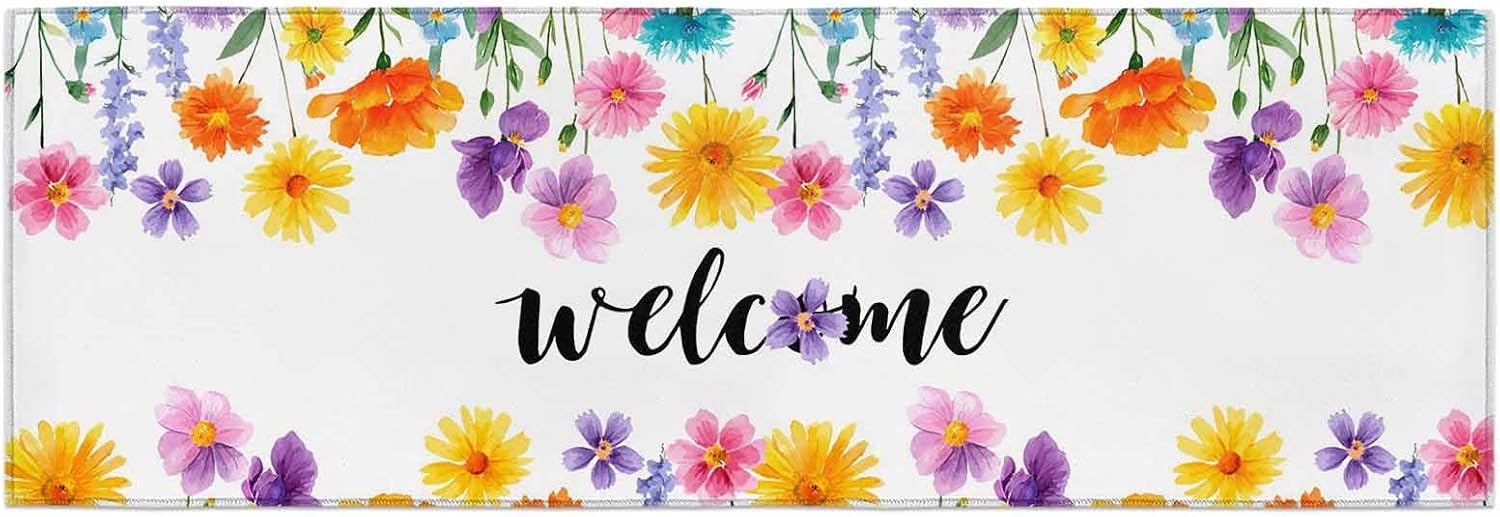 Teamery Kitchen Mats for Floor Summer Pastoral Colorful Flower Washable Non Slip Kitchen Rugs 1PCS, Farmhouse Floral Plant Absorbent Standing Mats for Sink Bathroom Office Living Room 15.7x47.2in