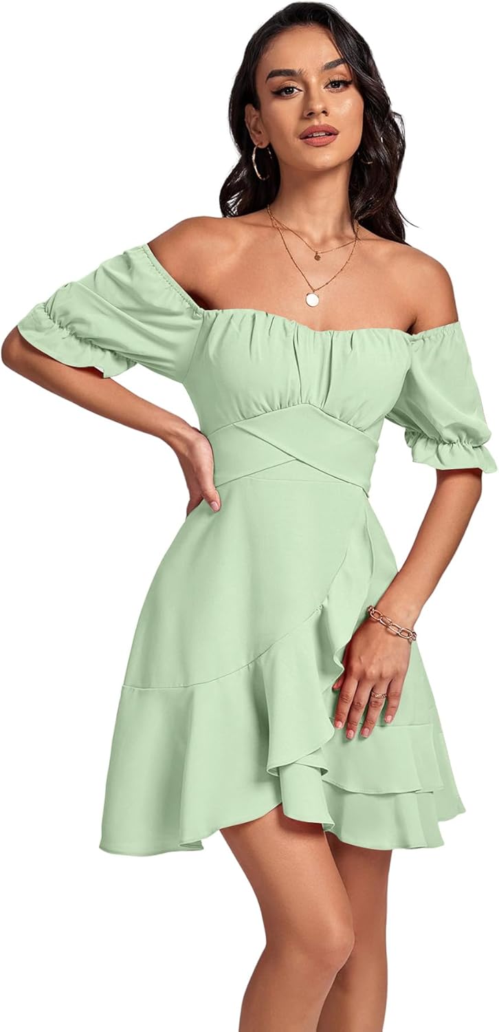 LYANER Women's Square Neck Ruffle Wrap Mini Dress Off Shoulder Flounce Short Sleeve A Line Flowy Dress - Image 5
