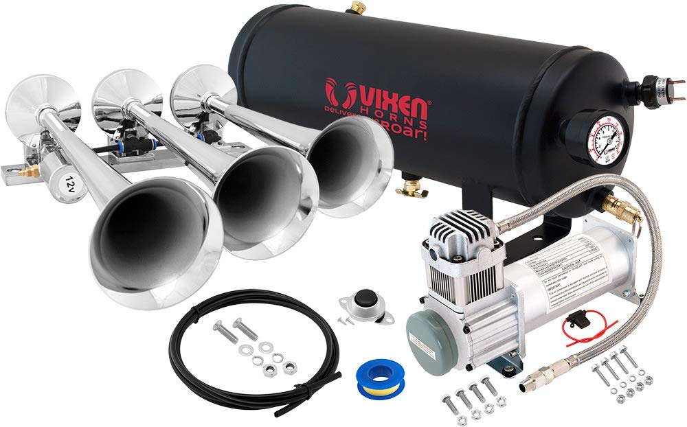 Vixen Horns Train Horn Kit for Trucks/Car/Semi. Complete Onboard System- 200psi Air Compressor, 1.5 Gallon Tank, 3 Trumpets. Super Loud dB. Fits Vehicles like Pickup/Jeep/RV/SUV 12v VXO8315/3118