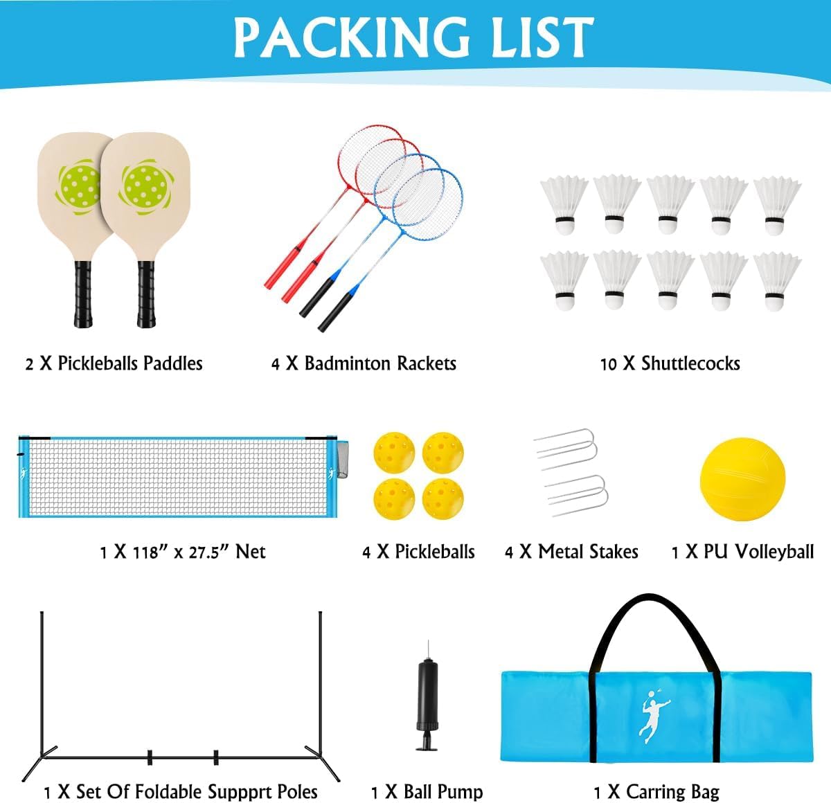 Rete Multisport Regolabile per Badminton, Pallavolo, Pickleball e Tennis | Set Portatile con Paddle e Racchette, 5 Punti di Ancoraggio Indoor/Outdoor