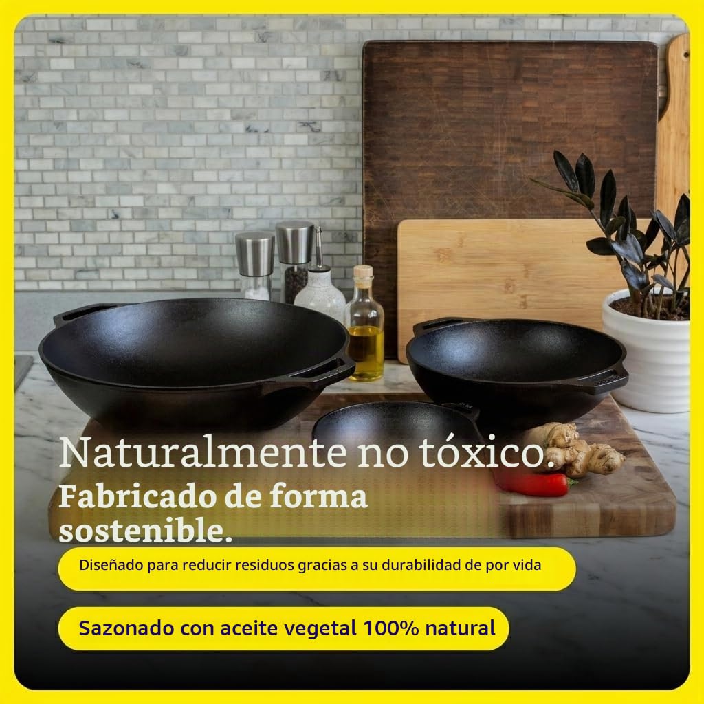 LODGE Wok de hierro fundido, negro, 9 pulgadas, 29,06 x 23,34 x 7,47 cm