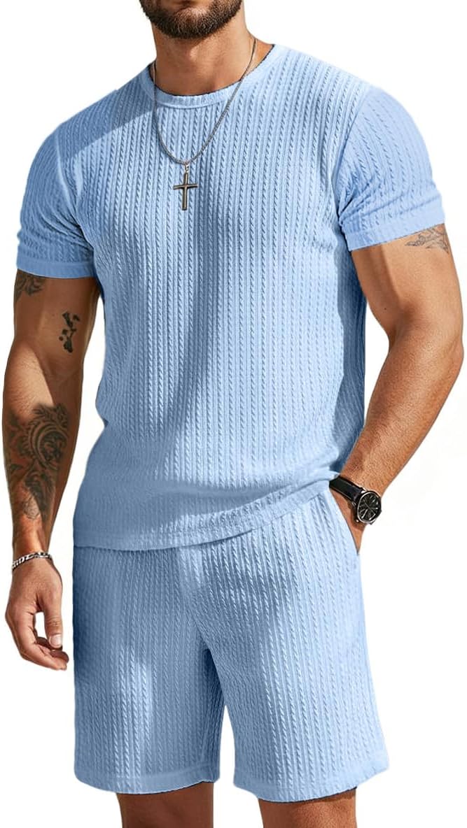 UOUA Mens Shorts Set Crewneck Short Sleeve T-Shirt & Shorts Twisted Texture 2 Piece Summer Outfits Casual Matching Sets