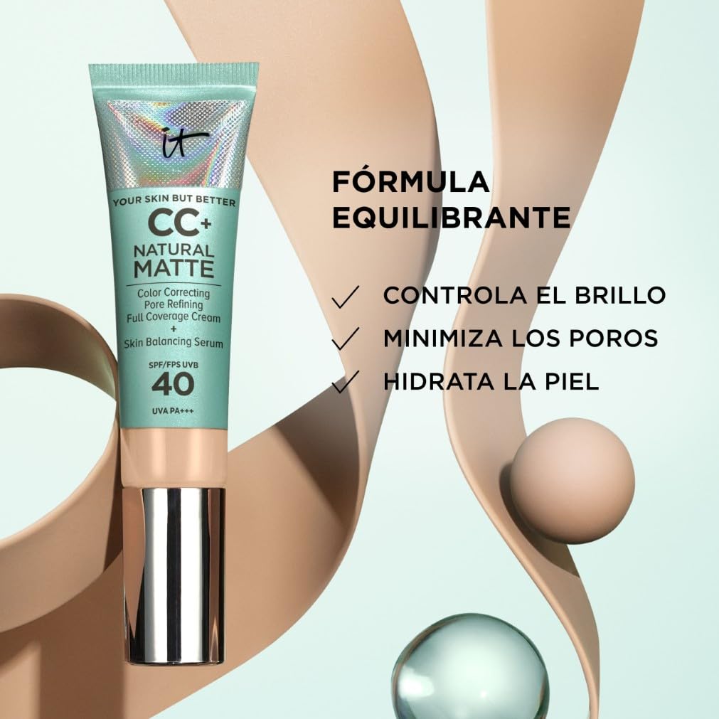 IT Cosmetics, Base de Maquillaje Matificante y Control de Brillo 16h, Minimiza Poros, Hidrata 24h, Your Skin But Better CC+ Natural Matte SPF 40, Tono Light Medium, 32 ml