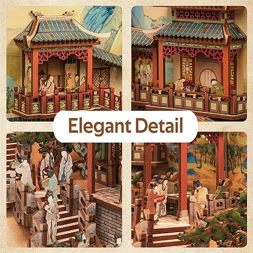 Image of Tonecheer DIY Book Nook Kit for Adults, Wooden 3D Puzzle Bookend Bookshelf Insert Decor, Chinese Booknook Miniature House Kit with Dust Cover and Body Motion Sensor LED (Song Dynasty Culture)