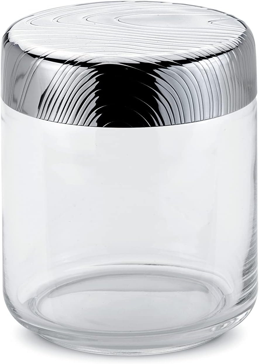 Alessi PU05/75 Veneer Glass jar. Hermetic lid in 18/10 stainless steel with relief decoration
