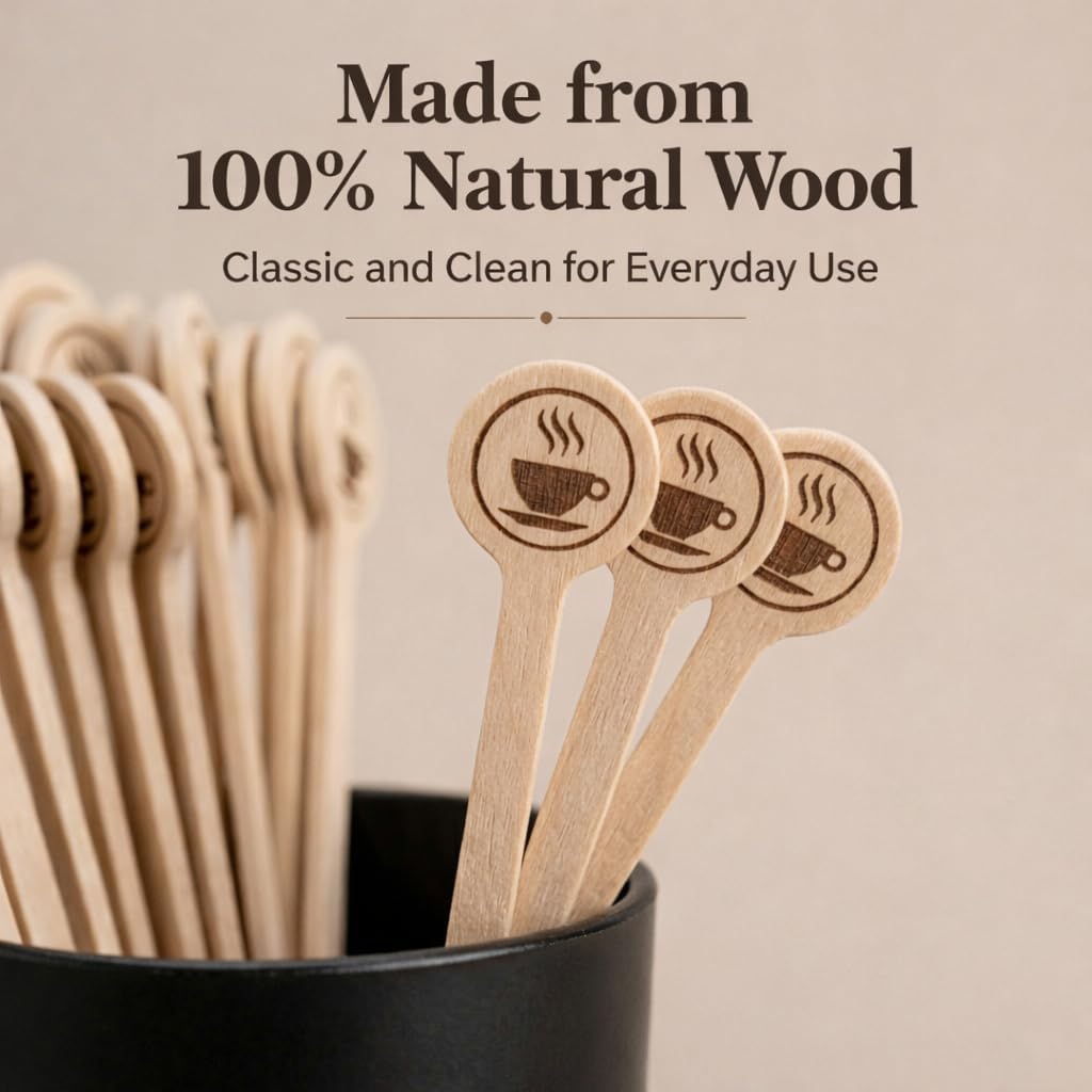 200 Pack 6 Inch Wooden Coffee Stir Sticks with 2 Holders | Natural wood construction with rounded tops for hot chocolate, home brewing, cafe counters and party bar drink service
