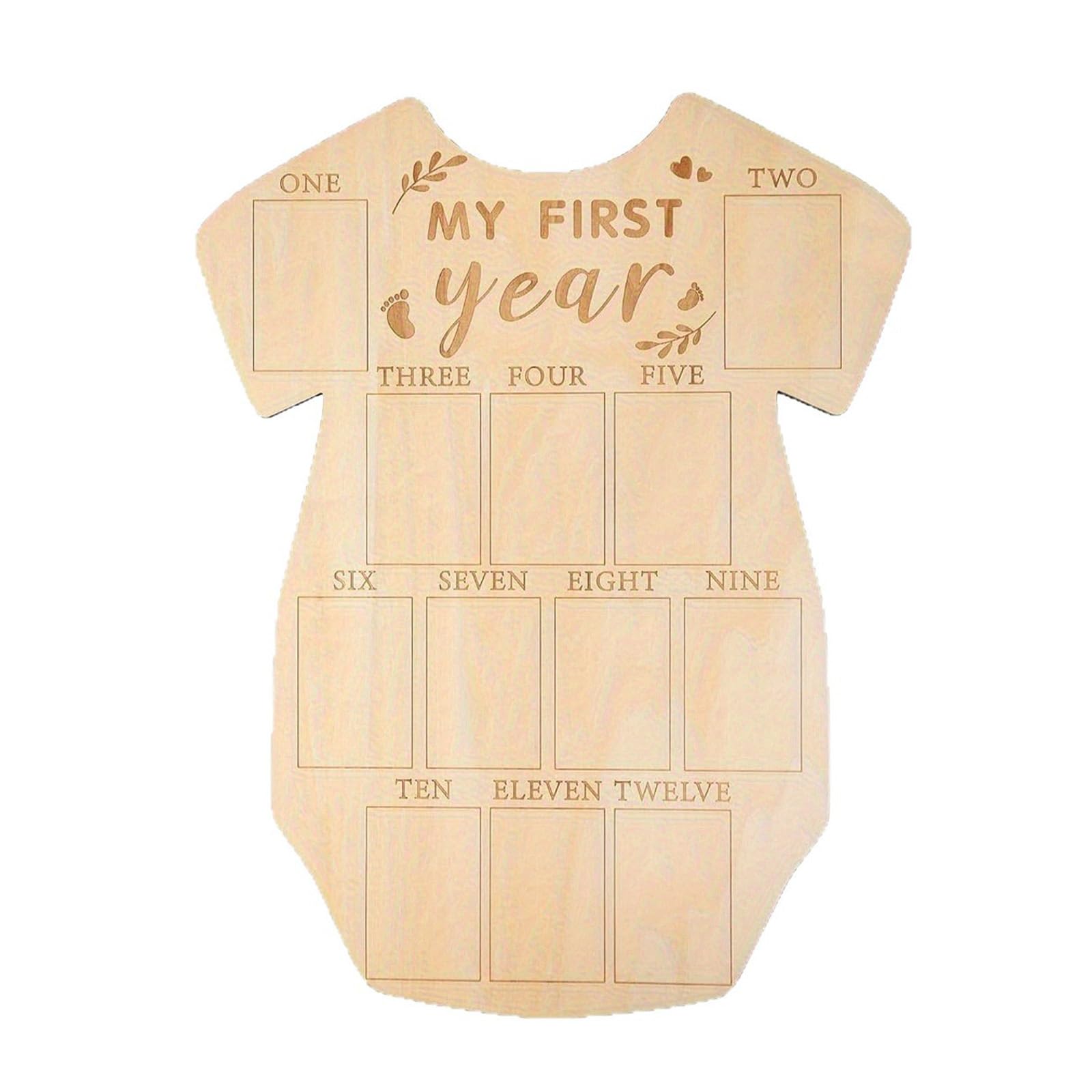 Qusinfc Wooden Infant Photo Board 12-Month Milestones Picture Frame for Birthday Decor Creative Bodysuit Shape Monthly Photo Frame
