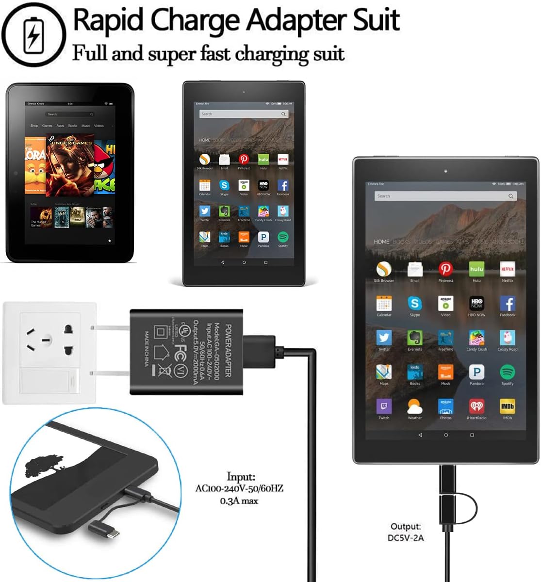 MIUOLV Fast Charger, UL Listed Fast Charger AC Adapter 5V2A Rapid Charger with 6Ft Micro-USB & Type C Cable Compatible with Fire 7 8 10 Tablet, HDX 6" 7" 8.9" 9.7" and Phones : Electronics