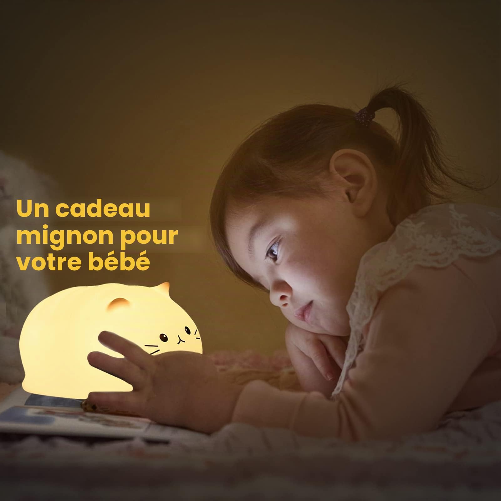 LOVERUIS Veilleuse Enfant, Veilleuse Bébé Lampe de Chevet, Contrôle Tactile 7 Couleurs Chats Veilleuse Kawaii, Veilleuse Enfant Rechargeable Cadeau Bebe Fille