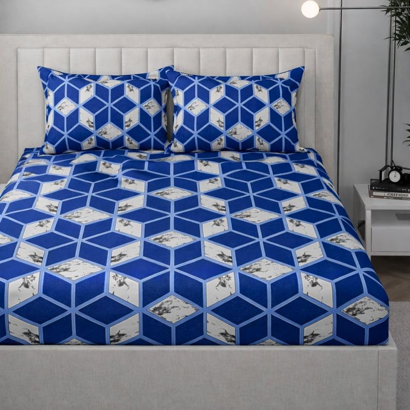 Image of 350 TC Premium Heavy Cotton Feel Elastic Fitted Bedsheet Queen Size with 2 Pillow Covers || Double Bed with All Around Elastic (White Box, Fitted -60x78 Queen)