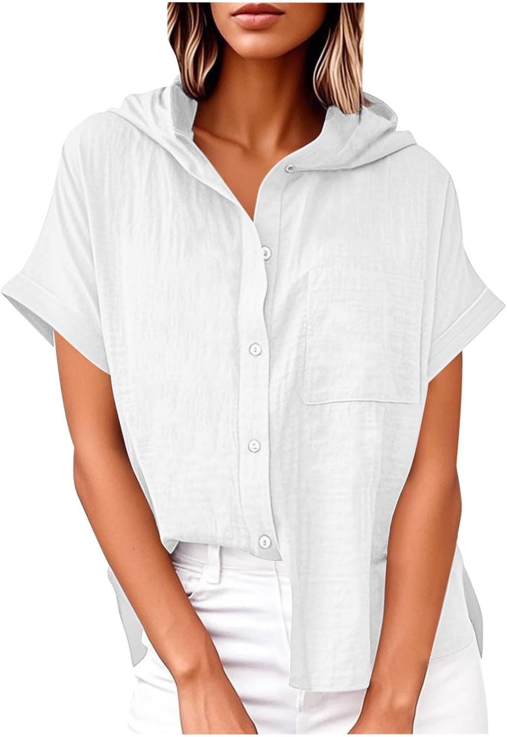 Women's Casual Cotton Linen Button Down Short Sleeve Shirts Solid Summer Beach Blouses Tops with Pocket