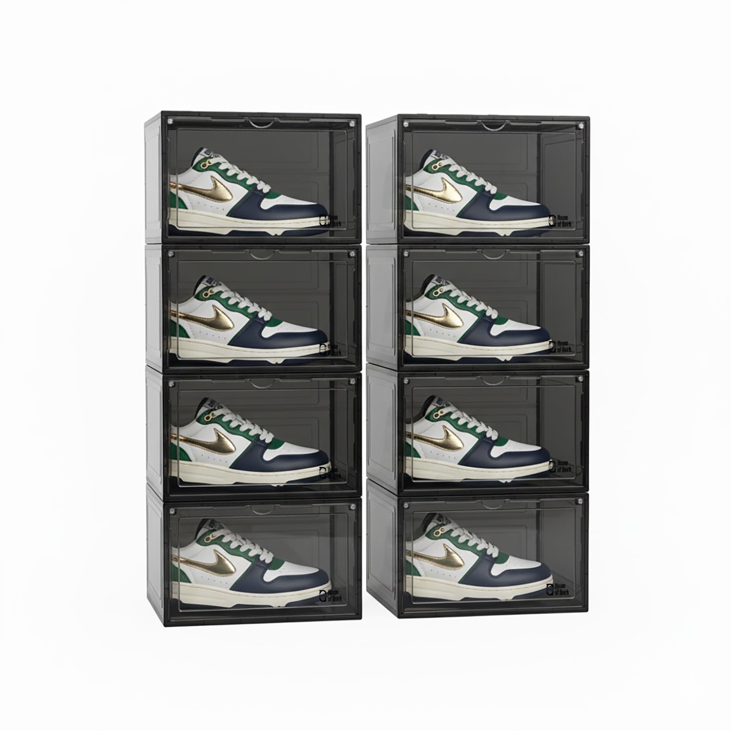house of quirk shoe organizer, shoe storage boxes, large shoe boxes with magnetic door, clear stackable plastic shoe containers (8box, white)