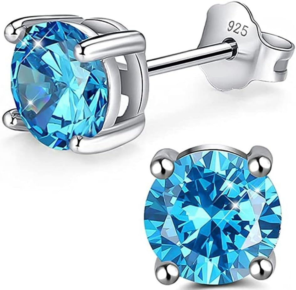 Adabele Authentic Sterling Silver Birthstone Stud Earrings 6mm 8mm Cubic Zirconia Imitation Diamond Gemstone Hypoallergenic Nickel Free Tarnish Resistant Women Fine Jewelry