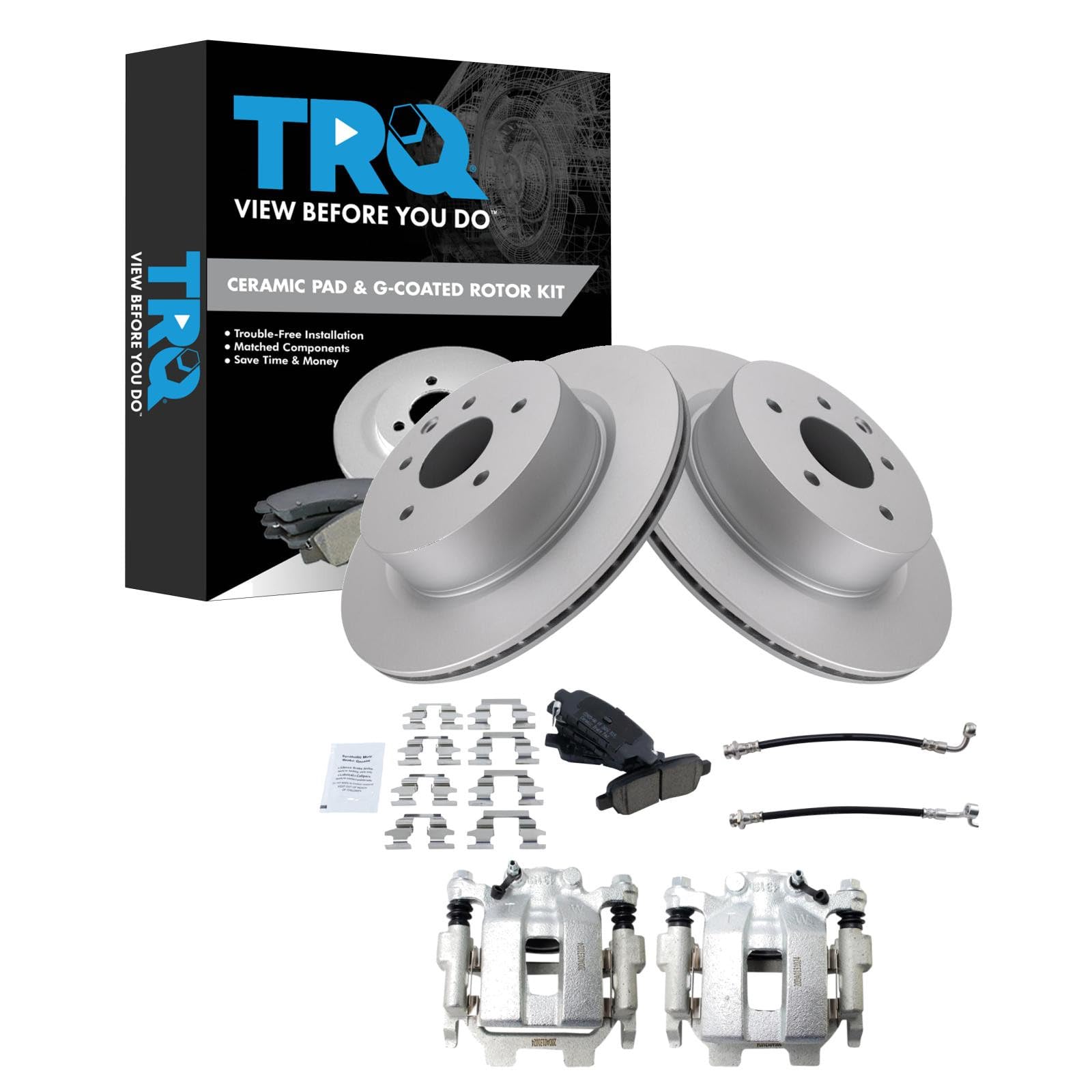 TRQ Rear Brake Pad and Rotor Set Ceramic Coated Rotors Calipers Compatible with 2011-2012 Infiniti G25 G37 2015 Q40 2010-2015 Nissan 370Z