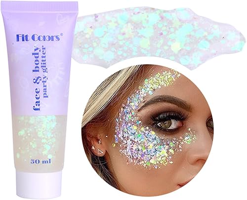 AKARY Gel con purpurina blanca para la cara, gel de escamas de sirena, gel holográfico con purpurina gruesa para cuerpo, cabello, cara, uñas, sombra