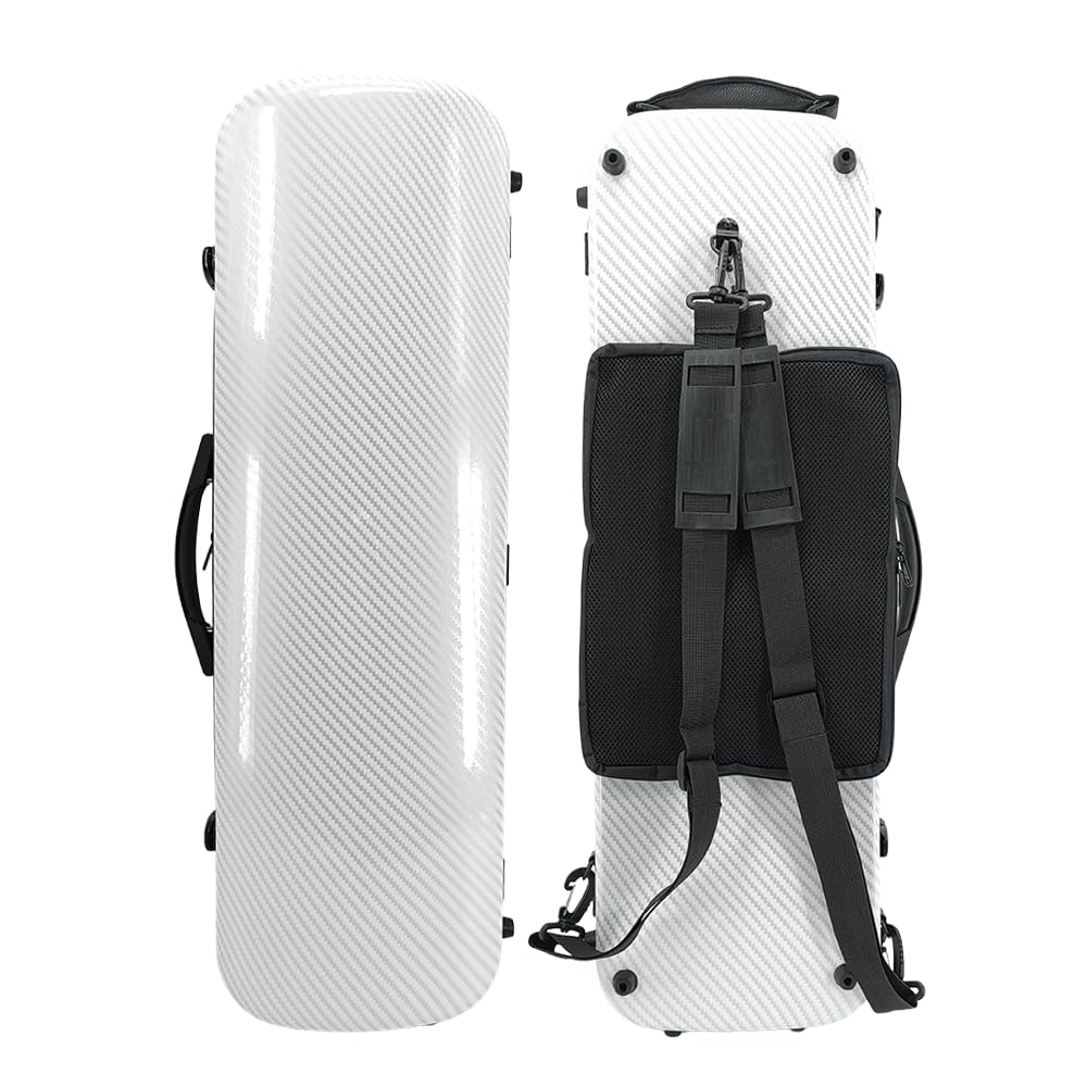 4/4 Violinkoffer mit Schloss, Ultraleicht aus Karbonfaser, 2,2 kg, Hartschalenkoffer, schwarzes Velours-Innenfutter, Notentasche, Kolophoniumtasche, Zubehörfach, Hygrometer (weiß)