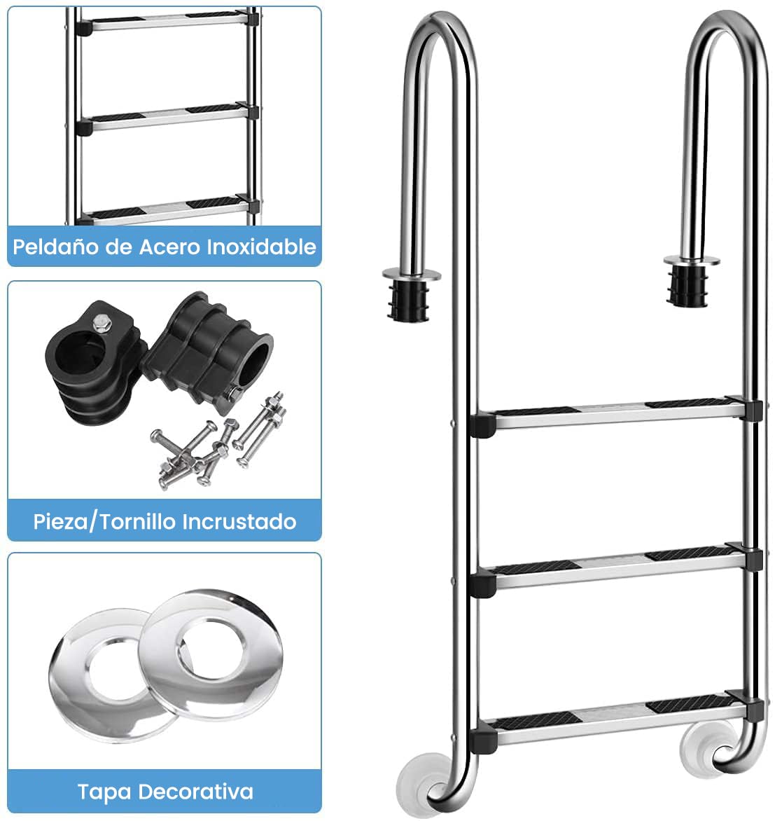 RELAX4LIFE Escalera de Piscina de Acero Inoxidable con 3 Peldaños Antideslizantes, Escalera Piscina Desmontable para Piscina, SPA y Parques Acuático, Carga 150kg, 55x25x132,5cm, Plateado
