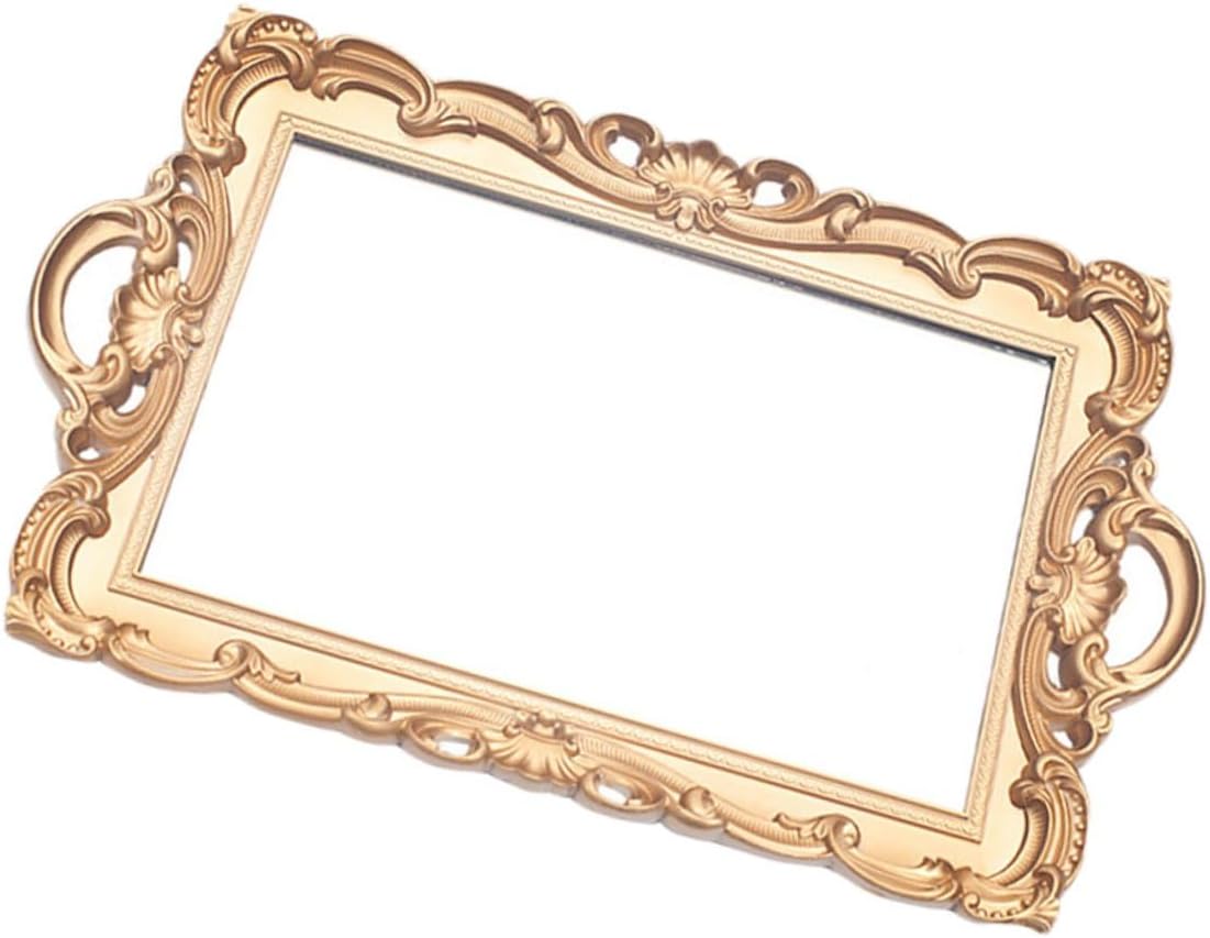 Vintage Gold Rectangular Mirror Tray Cosmetic Storage Plate Perfume Organizer Decorative Room Decor Vanity Display for Home and Photography