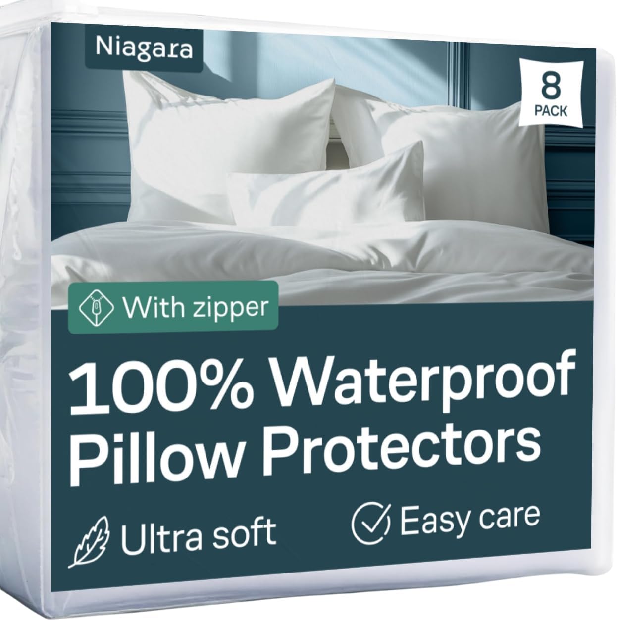 Niagara 12 Pack Waterproof Pillow Protectors King 20x36 Inches Smooth Zipper Premium Encasement Covers Quiet Cases Set White
