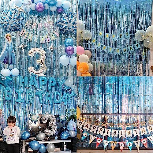 Image of 4Pcs Light Blue Fringe Backdrop 12.8x8.2 Feet Sparkle Metallic Tinsel Foil Fringe Curtain, Light Blue Fringe Curtains Door Streamers for Birthday Baby Shower Bachelorette Christmas Party Decorations
