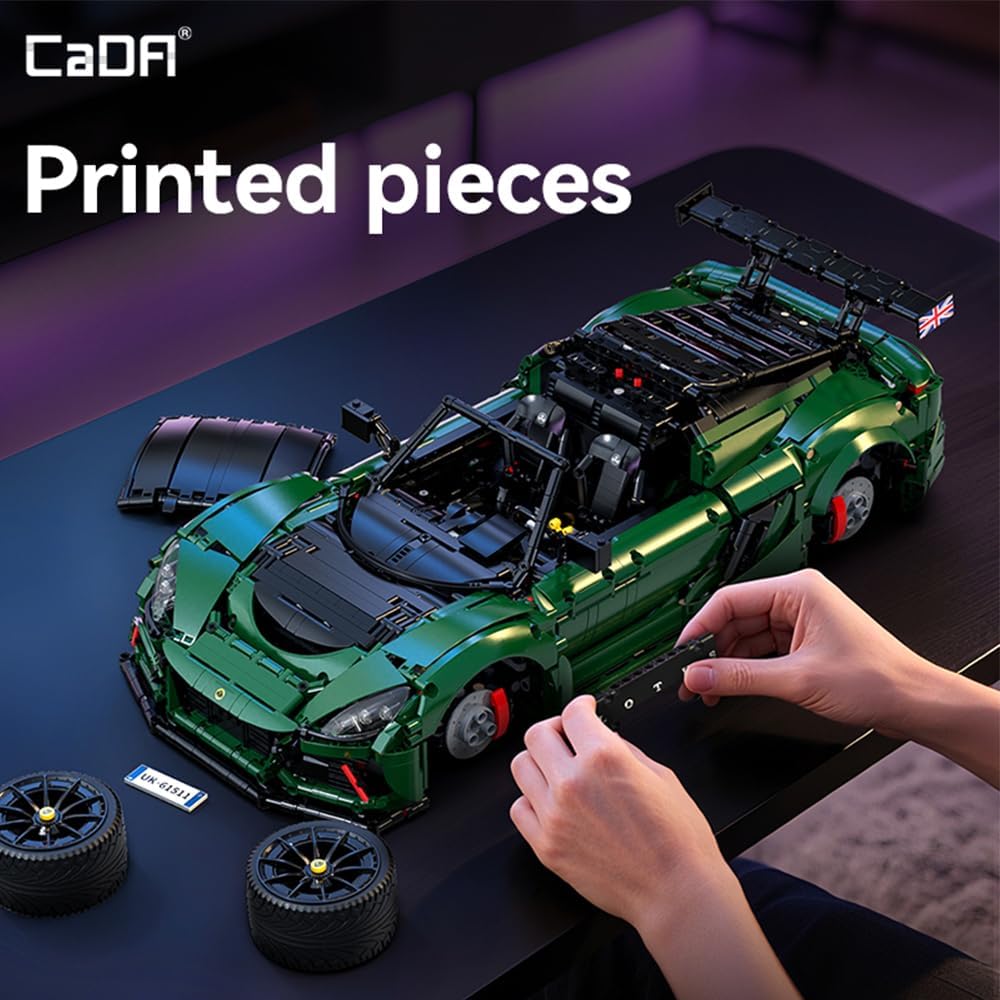 Hands placing a printed building block piece onto the CaDA Lotus Exige Cup 430 model.