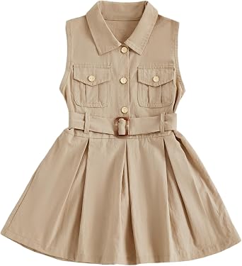 1-5Y Little Kids Toddler Baby Girl Summer Clothes Sleeveless Collared Button Dress Pockets Belted Tank Dresses